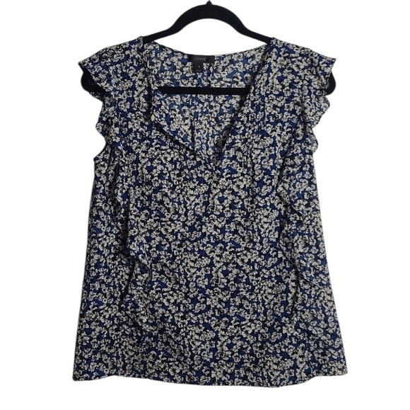 J. CREW Cascade Ruffle Navy and White Floral Blouse With Keyhole Size 0 - Picture 1 of 16